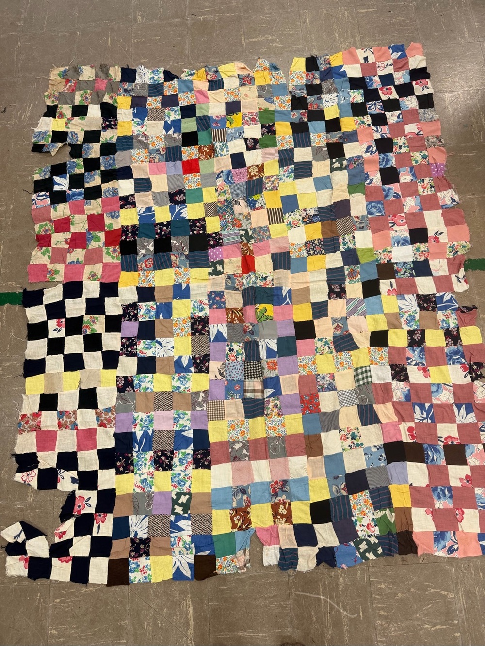 VTG Hand-Stitched Postage Stamp Quilt Topper Feedsack Fabric Scrap Mosaic 58x72"